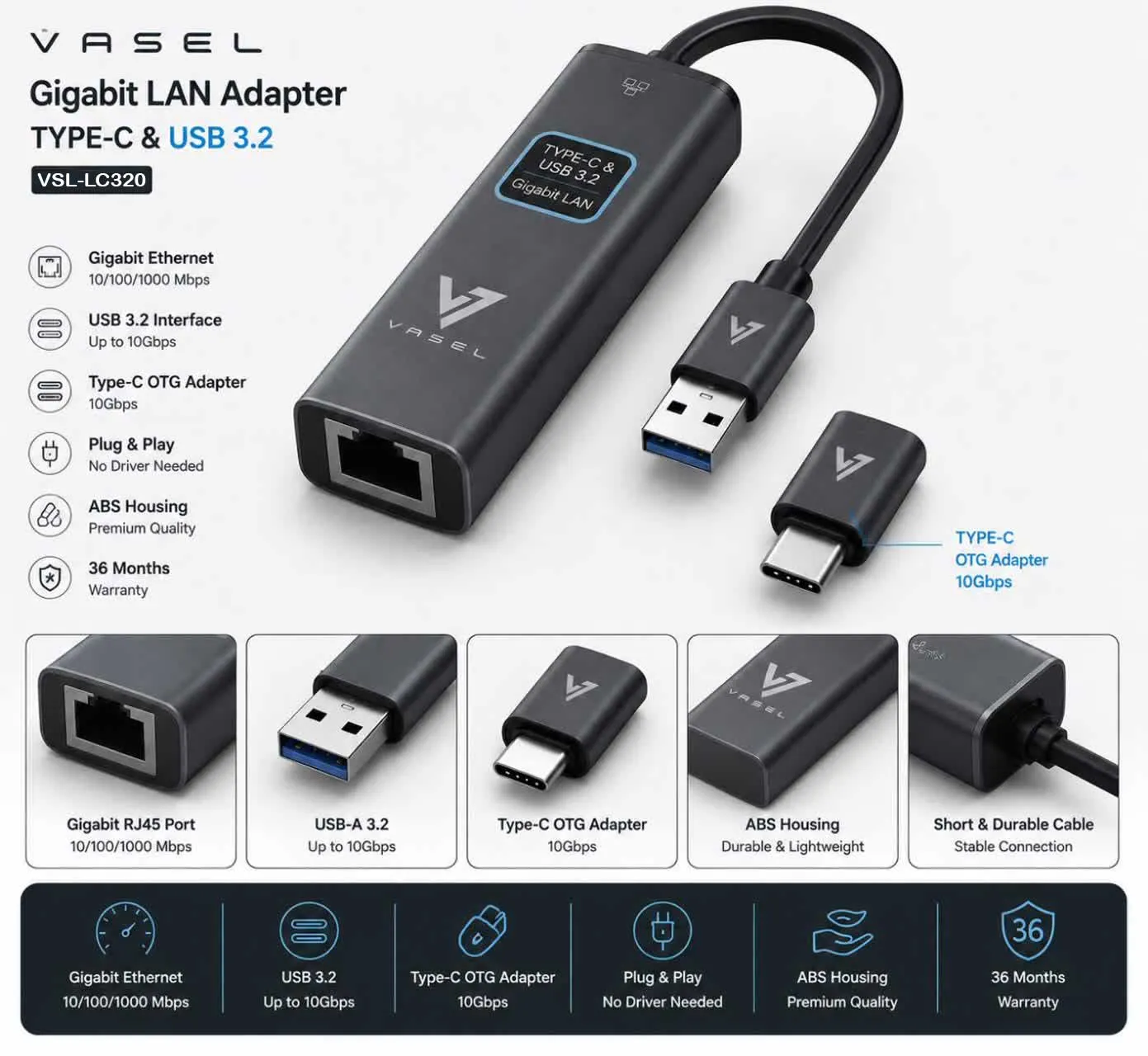 تبدیل OTG تایپ‌سی وسل (VASEL) مدل VSL-OT60 | سرعت ۵ گیگابیت (USB 3.1)